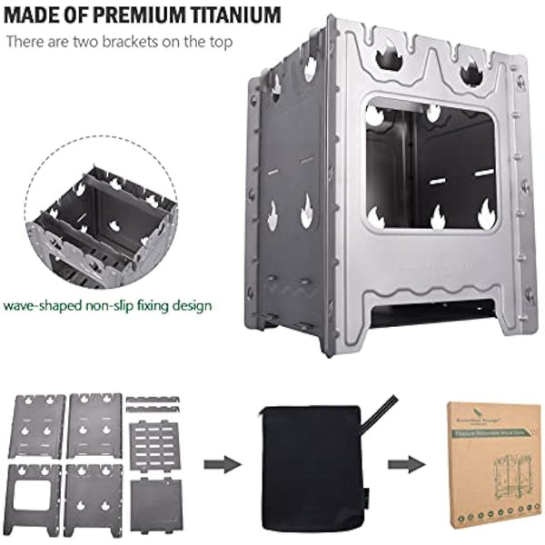 iBasingo Portable Titanium Wood Stove for Camping Detachable & Assembled Design, Ultralight Backpacking Stove with Pot Holder Compact Campfire Cooker for Charcoal Alcohol BBQ Survival Gear Ti2008C
