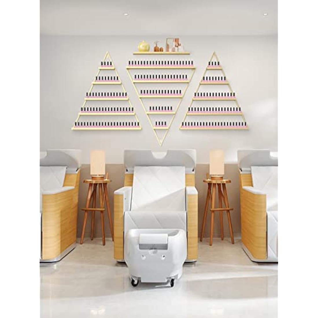 Kalolary Metal Wall-mounted Nail Polish Storage Racks 5 Tiers Gold Triangular Display Rack Cosmetic Display Cases Lipstick Perfume Wall Shelf Essential Oil Organizers for Home Spa Nail Salon Shop