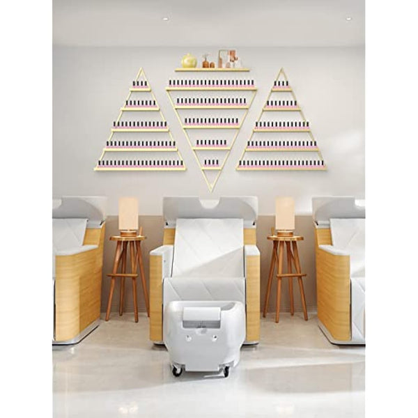 Kalolary Metal Wall-mounted Nail Polish Storage Racks 5 Tiers Gold Triangular Display Rack Cosmetic Display Cases Lipstick Perfume Wall Shelf Essential Oil Organizers for Home Spa Nail Salon Shop