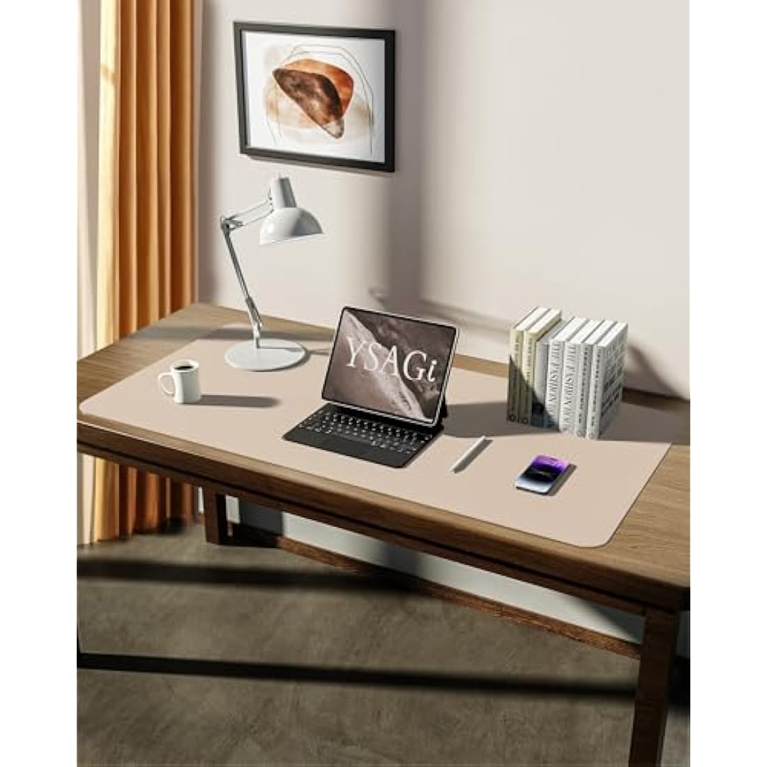 YSAGi Leather Desk Mat, Large Mouse Mat, Non-Slip Desk Pad, Waterproof PU Leather Table Protector Writing Pad for Office and Home (90 x 43 cm, Beige)