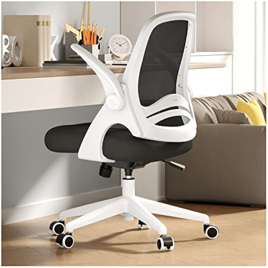 Hbada Office Chair Desk Chair Flip-up Armrest Ergonomic Task Chair Compact 120° Locking 360° Rotation Seat Surface Lift Reinforced Nylon Resin Base, White
