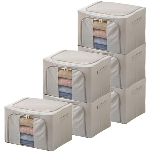 Goesort 6 Pack Clothes Storage Boxes with Steel Frame Support, 66L Moving Bag Wardrobe Storage Organiser Packing Boxes for Moving House with Clear