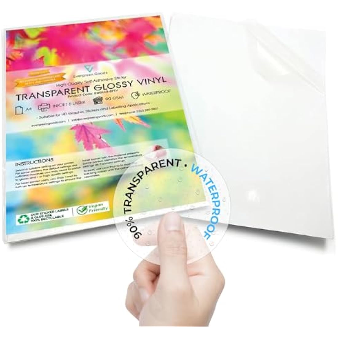 Evergreen Goods 50 Sheets Glossy Low Opacity Sticker Vinyl Labels | Waterproof Inkjet & Laser Printable Translucent Self Adhesive | Make Your Own Stickers | Sticky Back Clear PVC
