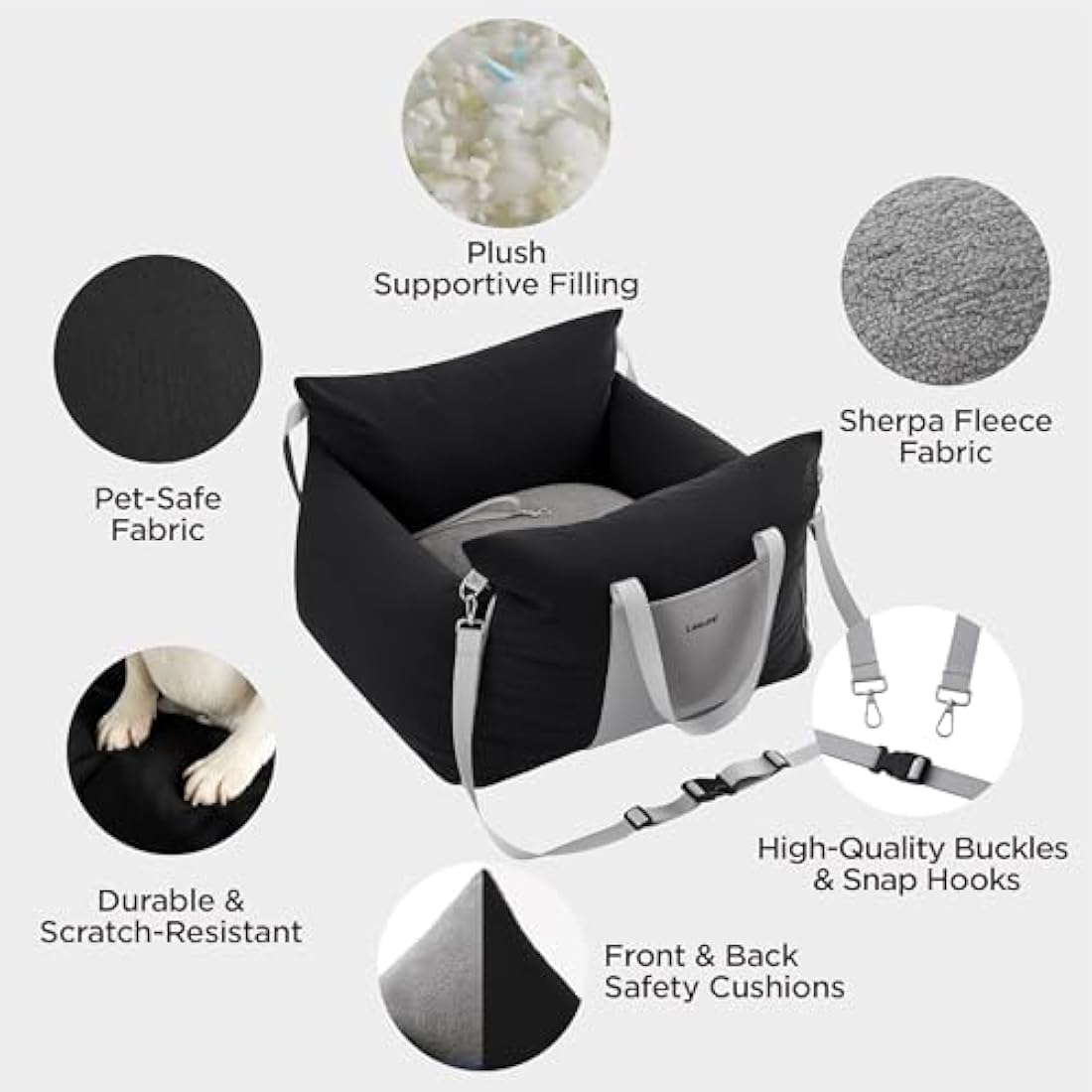 Lesure Dog Car Seat for Medium Dog - Waterproof Dog Booster Seat for Car with Storage Pockets, Clip-On Safety Leash and Memory Foam Filling, Small Pets Travel Carrier Bed, 58x56x33cm, Black