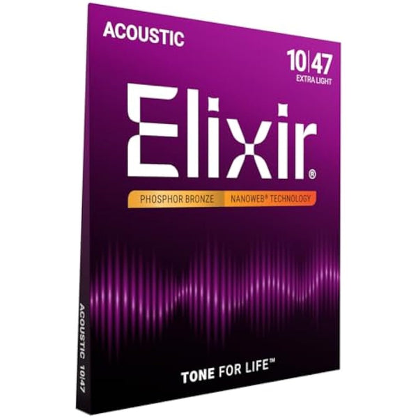 Elixir 16002 Strings Phosphor Bronze Acoustic Guitar Strings w NANOWEB Coating, Extra Light (.010-.047)