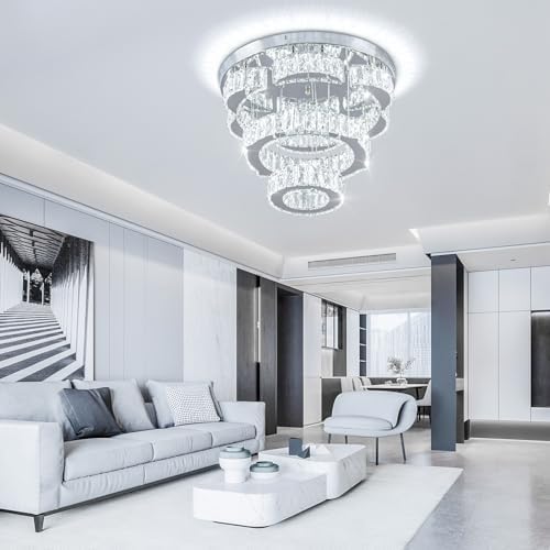FRIXCHUR 15.7" Modern Crystal Chandelier Flower LED Flush Mount Ceiling Light 2 Rings Pendant Lights Chandeliers for Living Room Dining Room Bedroom (Cool White)