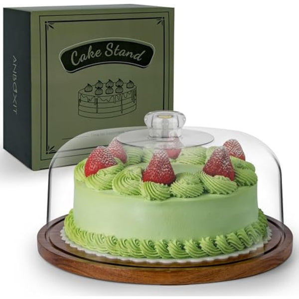 ANBOXIT Cake Stand with Dome Lid, Acacia Wood Cake Plate with Cover, Wooden Cake Display Stand with Acrylic Dome ( Flat )