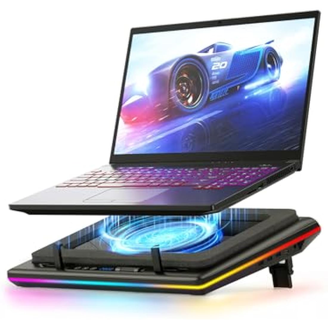 llano RGB Laptop Cooling Pad with Powerful Turbofan Gaming Cooler Radiator with Infinitely Variable Speed, Touch Control, LCD Screen, 3-Port USB Hub, Seal Foam for Notebook Computer 15-19in