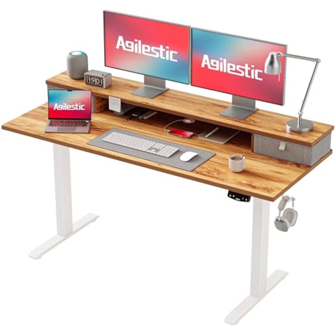 Agilestic Adjustable Height Desk with 2 Drawers, 140 x 60 cm, Stable Electric Sit-Stand Desk, Ergonomic Computer Desk, Light Brown
