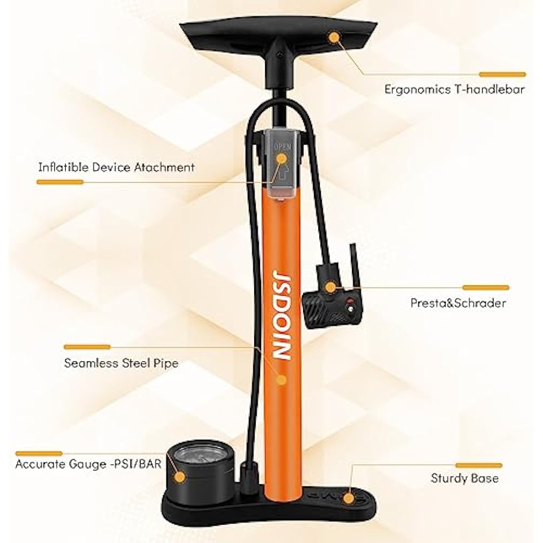 Jsdoin Bike Pump, High Performance Bicycle Floor Pump with Dual Presta and Schrader Valves, Bike Pumps with Pressure Gauge for Road Foot Bike, MTB, and Sports Balls