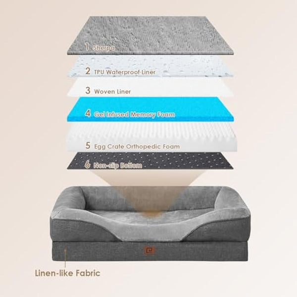 EHEYCIGA Memory Foam Dog Beds Large, Orthopedic Dog Beds Sofa with Sides and Waterproof Liner, Pet Couch with Washable Removable Cover and Non-Slip Bottom, 91x68x17cm, Dark Grey