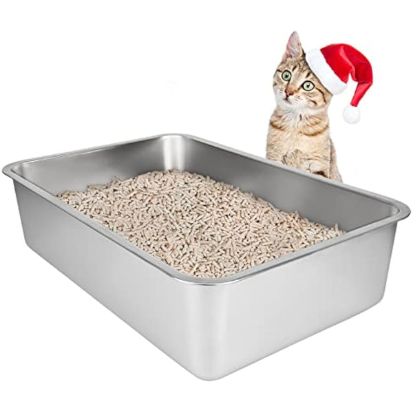 IKITCHEN Stainless Steel Cat Litter Box, Large Metal Litter Pan for Cats Rabbits, Never Absorbs Odors,Stain Free, Rustproof, Non Stick Smooth Surface, Anti-slip Rubber Bottom, 19.5"L x 13.5"W x 6"H