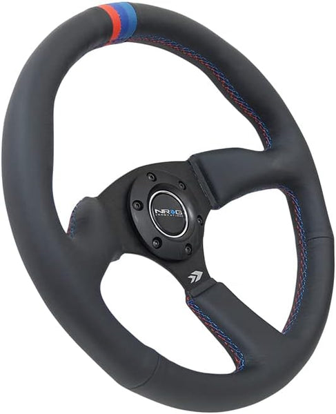 NRG Innovations NRG-RST-023MB-R-M3 Reinforced Steering Wheel 350mm Diameter 50mm Depth Sport Leather Racing (2.5" Deep) Comfort Grip, 4mm Matte Black Spoke With M3 Stitching And Line