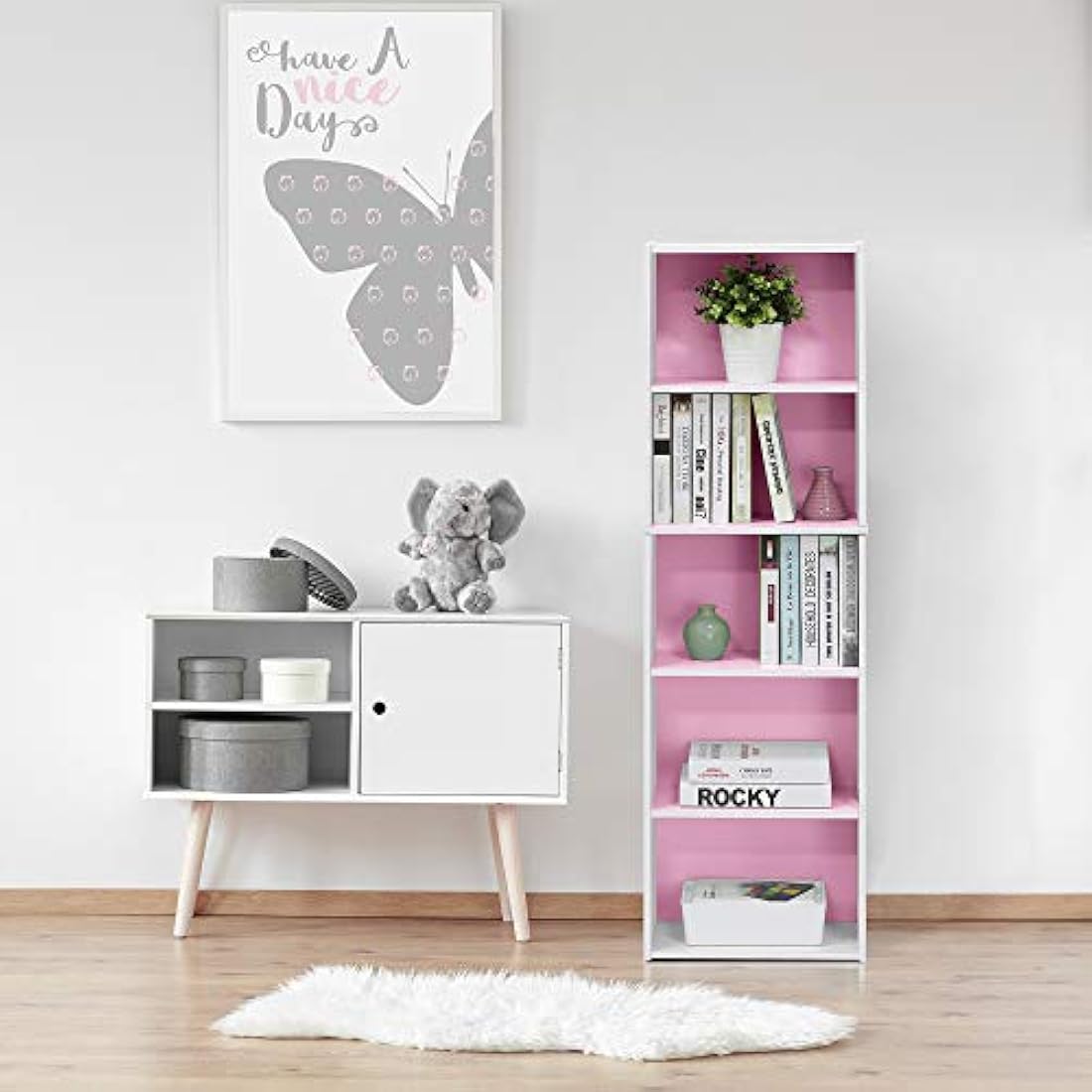 Furinno Luder 5-Tier Reversible Color Open Shelf Bookcase, White/Pink