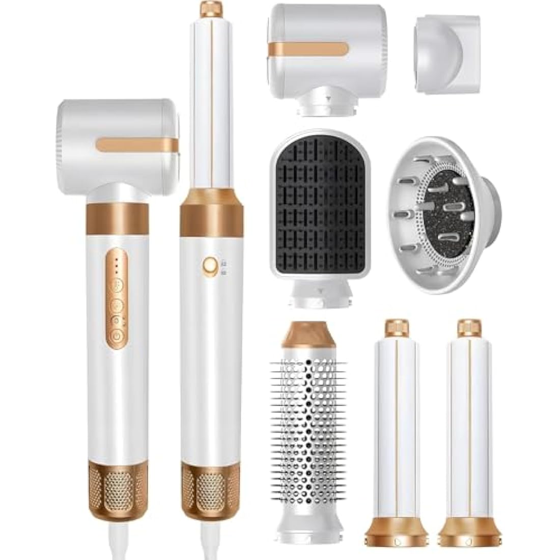 7-in-1 Air Styler, 110000 RPM High-Speed Negative Ionic Hair Dryer with Left and Right Curling Barrel, Straightening Comb, Wind Hood, Concentrator and Curlng Comb, Air stylers for Women (White)