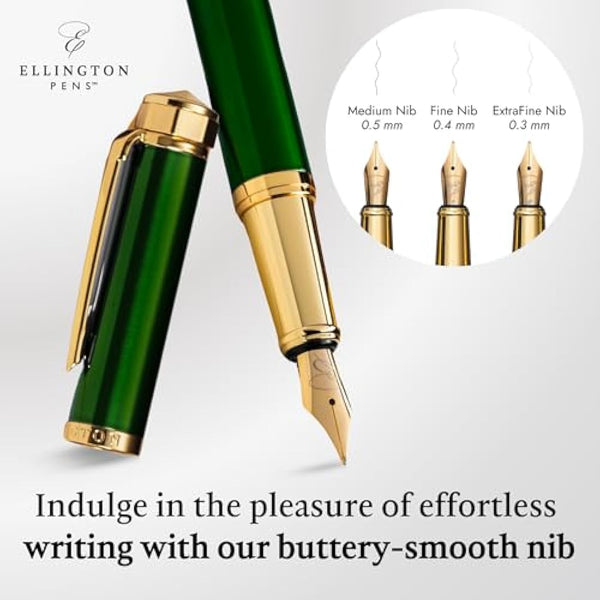 Ellington Pens Luxury Fountain Pen Set- Fountain Pens for Writing - Smooth Nib - Includes Refillable Ink Converter, 3 Ink Cartridges [2 Black & 1 Blue], Gift Box - Elegant Calligraphy