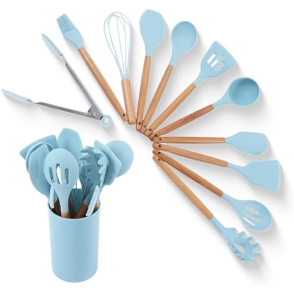 12Pcs Kitchen Utensil Set Silicone Cooking Utensils,Cooking Spatula Turner Heat Resistant Nonstick Cookware with Wooden Handle,Silicone Cooking Utensils Kitchen Utensils Kitchen Tool Gadgets