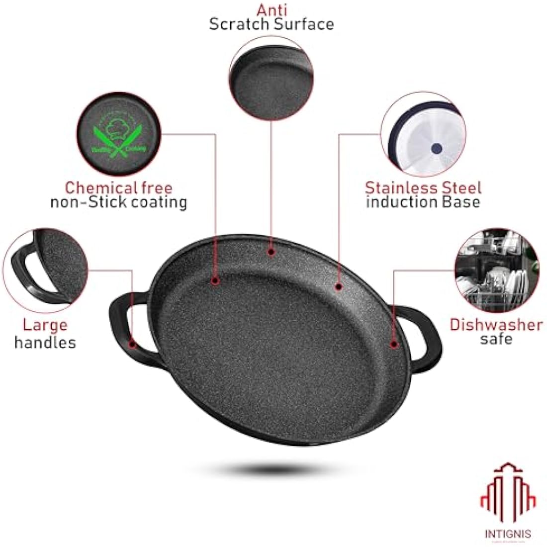 INTIGNIS Traditional Paella Pan 40cm – Non-Stick Induction | Heavy-Duty, Anti-Scratch, Stainless Steel Base | Paella+Pan for Gas, Electric & Ceramic Hobs Cookware | Paellera