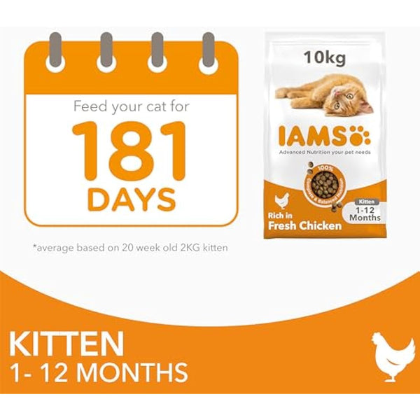 IAMS Kitten Complete Dry Cat Food Chicken 10kg - For Healthy Growth