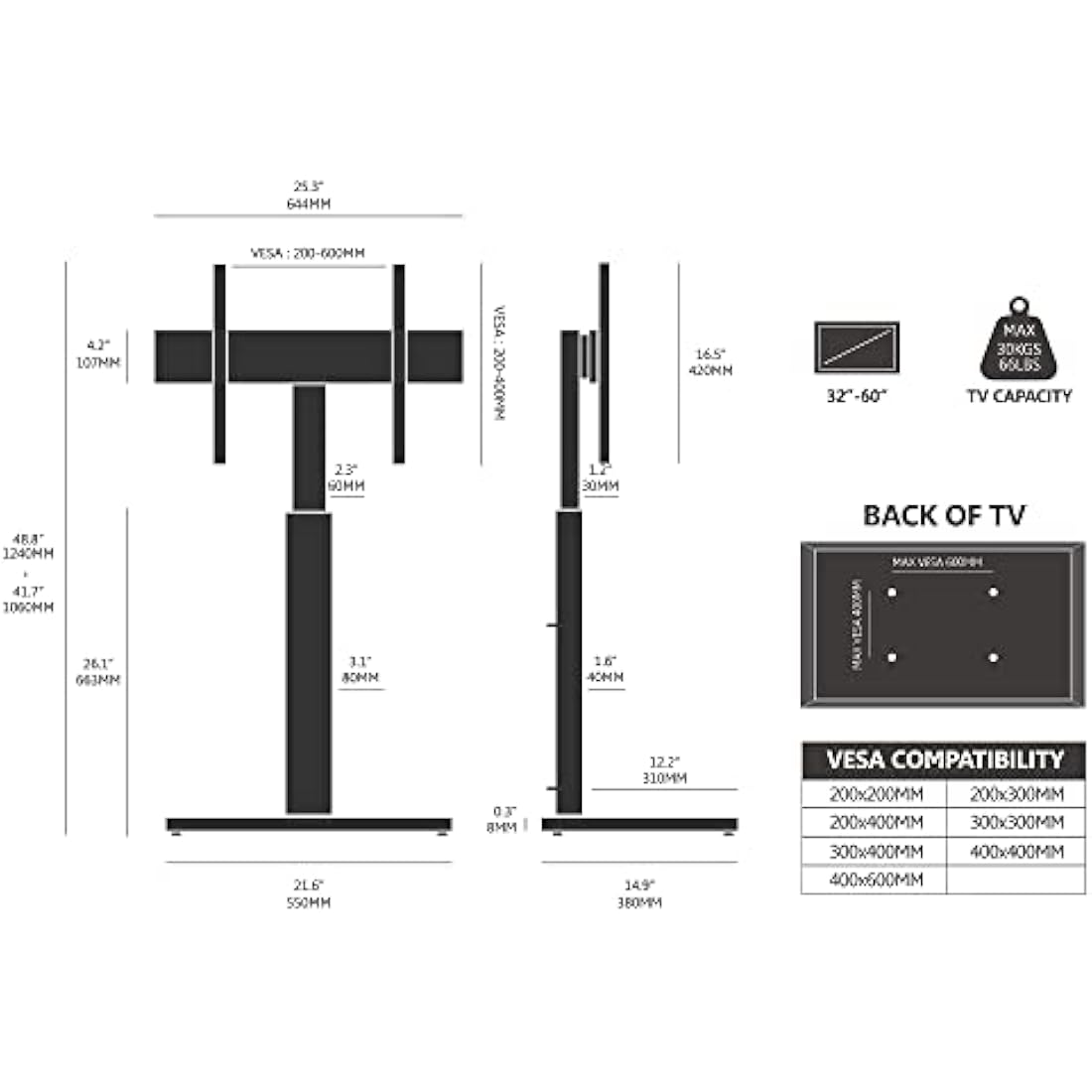FITUEYES White TV Floor Stand for 32 to 60 inch TVs, Floor Standing TV Stand with Swivel Bracket, Height Adjustable, Holds 30kgs, Max VESA 600x400mm