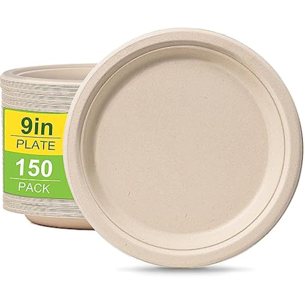 Rigid Disposable Paper Plates Brown 9 inch 150 Pack Eco-Friendly, Sugarcane Strong Heavy Duty Large Plates Compostable Dishes Tray for Party BBQ
