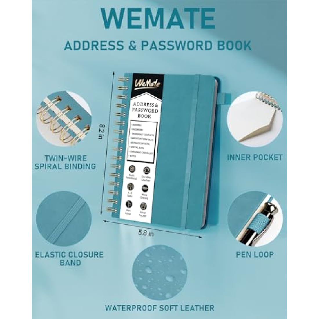 WEMATE Spiral Address Book with Alphabetical Tabs, Leather Password Book, Address Organizer Telephone Notebook Journal Keep Contact Safe Hardcover Large Print for Seniors Home Office 5.8″×8.2″, Green