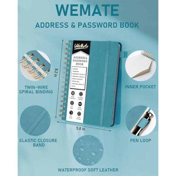 WEMATE Spiral Address Book with Alphabetical Tabs, Leather Password Book, Address Organizer Telephone Notebook Journal Keep Contact Safe Hardcover Large Print for Seniors Home Office 5.8″×8.2″, Green