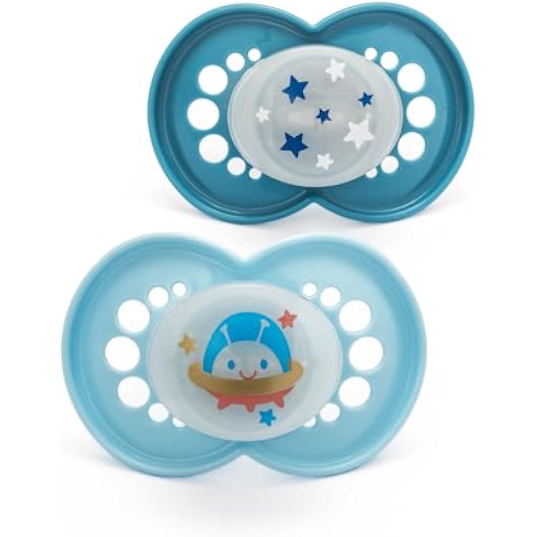 MAM Original Night Soothers | 18-36 Months | 2 Pack | Glow in The Dark Dummies | Comes in Dummy Steriliser Case | Sustainable Materials | Baby Accessories | Blue (Various Designs)