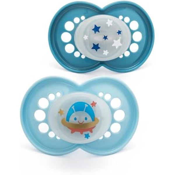 MAM Original Night Soothers | 18-36 Months | 2 Pack | Glow in The Dark Dummies | Comes in Dummy Steriliser Case | Sustainable Materials | Baby Accessories | Blue (Various Designs)