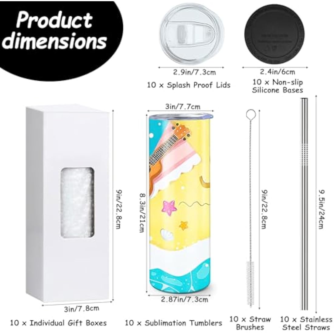 10 Pack Sublimation Tumblers Bulk, 20 oz White Skinny Straight Cups for Heat Press, Stainless Steel Double Wall Insulated Tumbler with Lids, Metal Straws, Shrink Wrap, Cleaning Brush, Individually Box