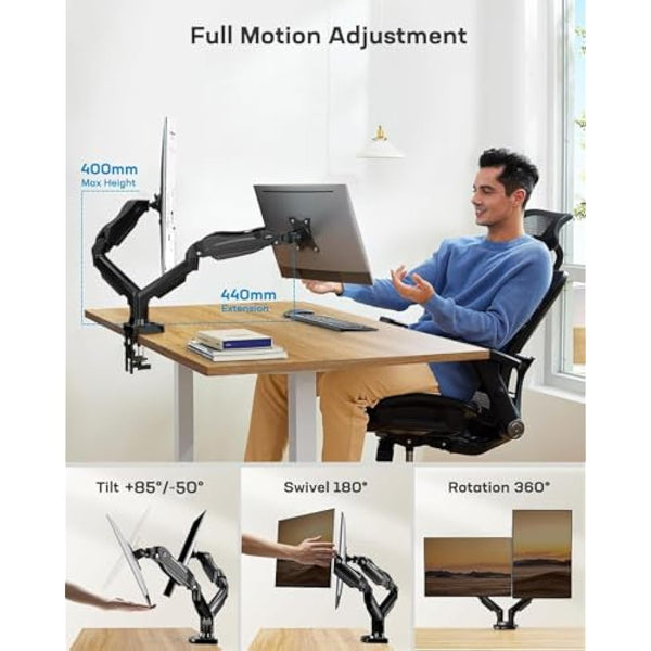HUANUO Dual Monitor Arm Desk Mount for 13 to 32 Inches, Height Adjustable Screen Stand with Tilt, Swivel, and Rotation, VESA 75 & 100 mm, Supports up to 9 kg
