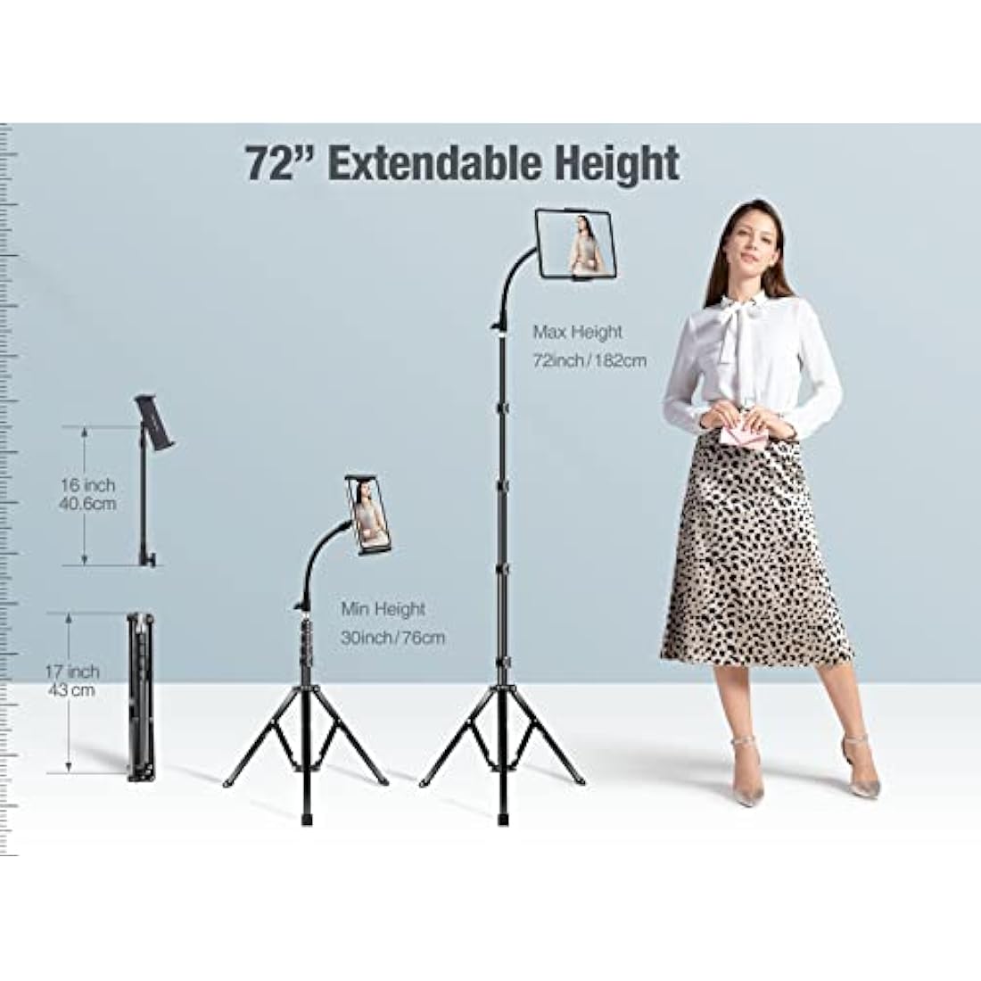 elitehood 72” Tall iPad Stand Floor, Stronger Gooseneck iPad Tripod Stand, Adjustable Tablet Tripod Holder Mount for Stream/Watching, Compatible with 4.7-13” Tablet, iPhone and Cell Phone, Black
