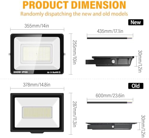 RIGIDON 1 Pcs Outdoor Flood LED Work Light, 200W 20000 Lumens Floodlight, Daylight Cold White Security Lights for Garden Yard Lawn Basketball Football Court Patio Landscape, IP66 Waterproof 6000K