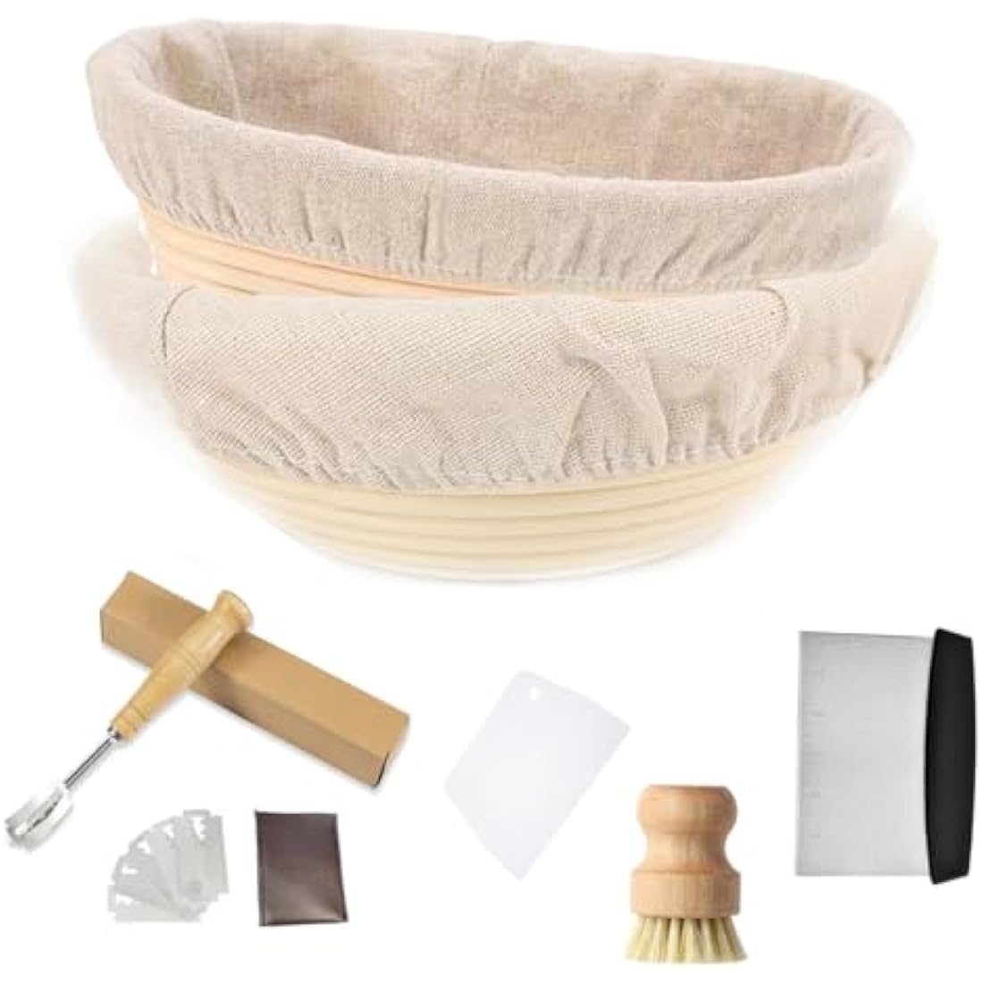 JETAINE Bread Proofing Basket Starter kit, 9Inch Round+10Inch Oval Banneton Proving Basket, Sourdough Bread Making Accessories with Liner+Bread Lame+Dough Scraper+Bamboo Brush, Baking Gifts for Baker