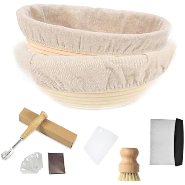JETAINE Bread Proofing Basket Starter kit, 9Inch Round+10Inch Oval Banneton Proving Basket, Sourdough Bread Making Accessories with Liner+Bread Lame+Dough Scraper+Bamboo Brush, Baking Gifts for Baker
