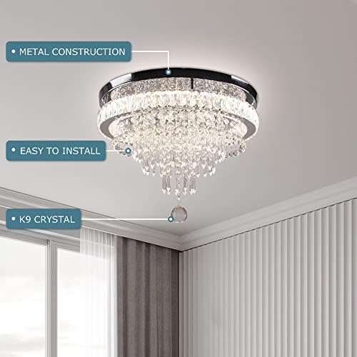 FRIXCHUR 19.7'' Crystal Chandelier Ceiling Light Living Room Modern Bedroom Chandeliers LED Flush Mount Light Fixture for Kitchen Hallway Bathroom with Remote Control (Stepless-Dimmable)