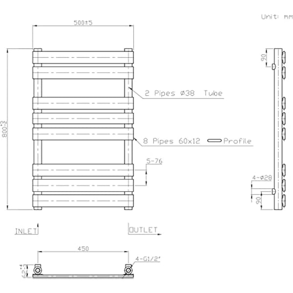 Warmehaus Designer Bathroom Flat Panel Heated Towel Rail Radiator Ladder Rad 800 x 500mm - White