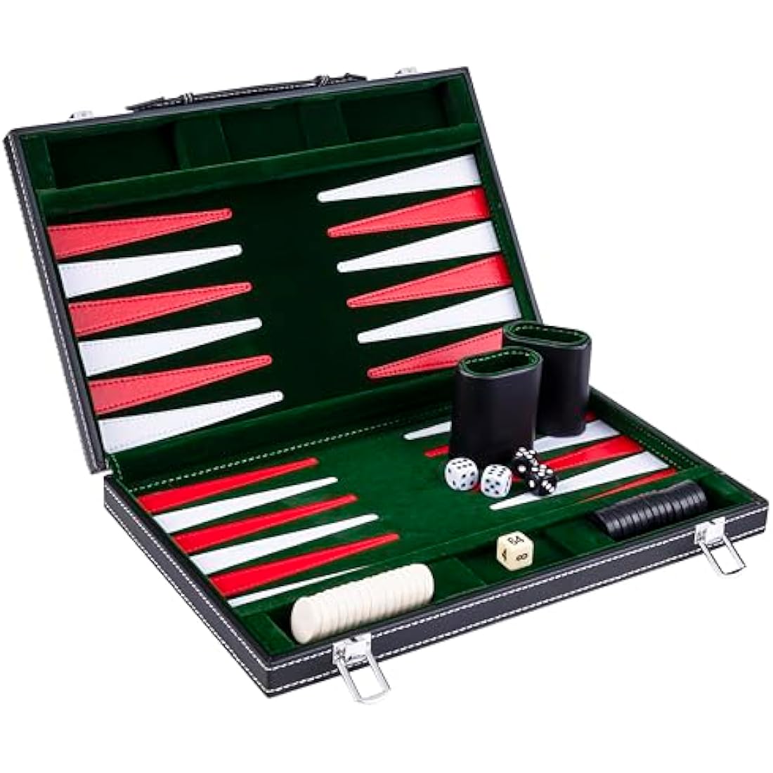 Engelhart- 250517 - Backgammon 15"- Open: 36 x 48 cm - inlaid velvet and stitching leatherette playing field in attache case