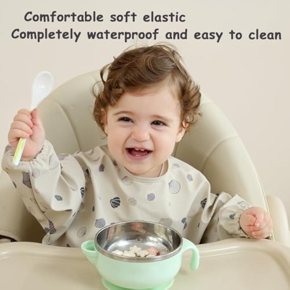 PewinGo Weaning Bib with Long Sleeves & BLW, Soft and Skin-Friendly Material, Coverall Bibs for Baby Feeding, Waterproof and Easy to Clean & Machine Washable,for Baby Infant Toddlers (Beige)