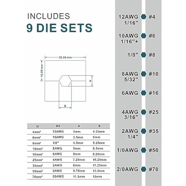 Hand Operated Hydraulic Crimping Tool Range 12 AWG-2/0 AWG for Cable lugs Hydraulic Crimping Crimper Wire Terminal Lug Tool with 9 Pairs Dies