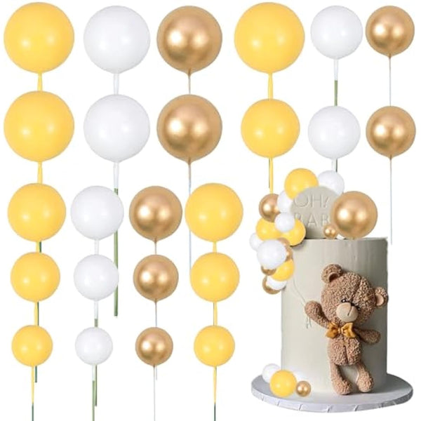 Gyufise 30Pcs Balls Cake Topper Mini Balloons Cupcake Topper DIY Cake Insert Topper Foam Cake Balls Baking Decoration for Wedding Anniversary Valentines Day Birthday Party Yellow Gold White