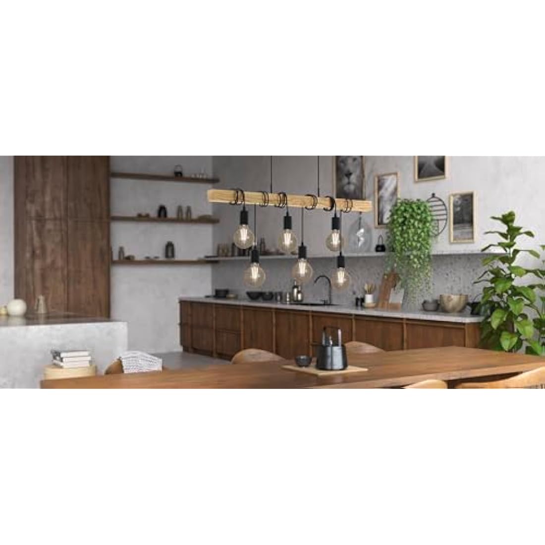 Eglo Pendant Lighting Townshend, 6 Light Vintage Hanging lamp in Industrial Design, Retro Ceiling Light Made of Black Metal and Natural Wood, FSC Certified, E27
