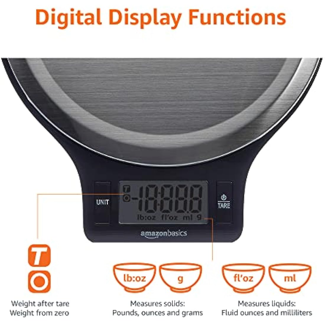 Amazon Basics Digital kitchen scales with LCD display (with batteries), Black and Stainless Steel, BPA free, Weighs up to 11 pounds