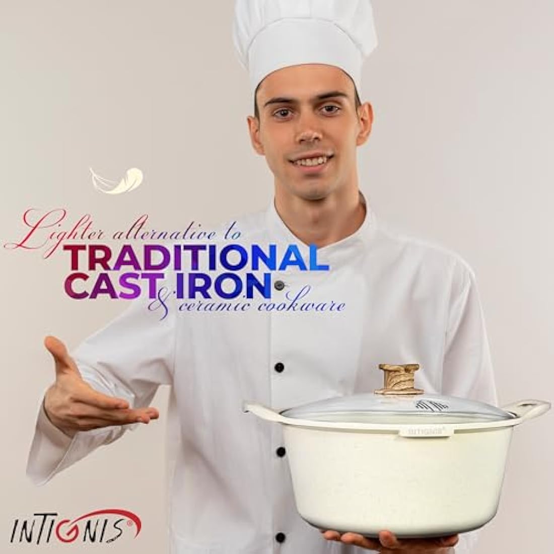 INTIGNIS® Casserole Pot with lid – Large 32cm | 10 Litre | 15 Inches – Induction Compatible – GREBLON Ceramic Non Stick Chemical Free Coating White