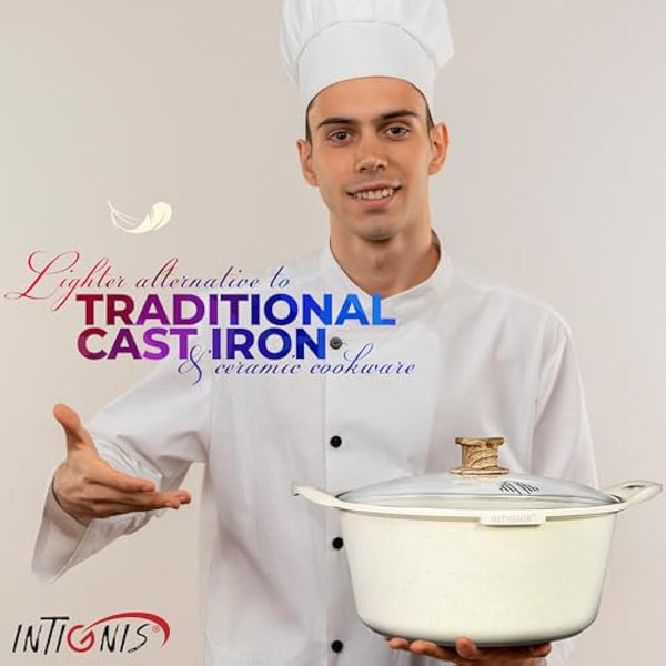 INTIGNIS® Casserole Pot with lid – Large 32cm | 10 Litre | 15 Inches – Induction Compatible – GREBLON Ceramic Non Stick Chemical Free Coating White