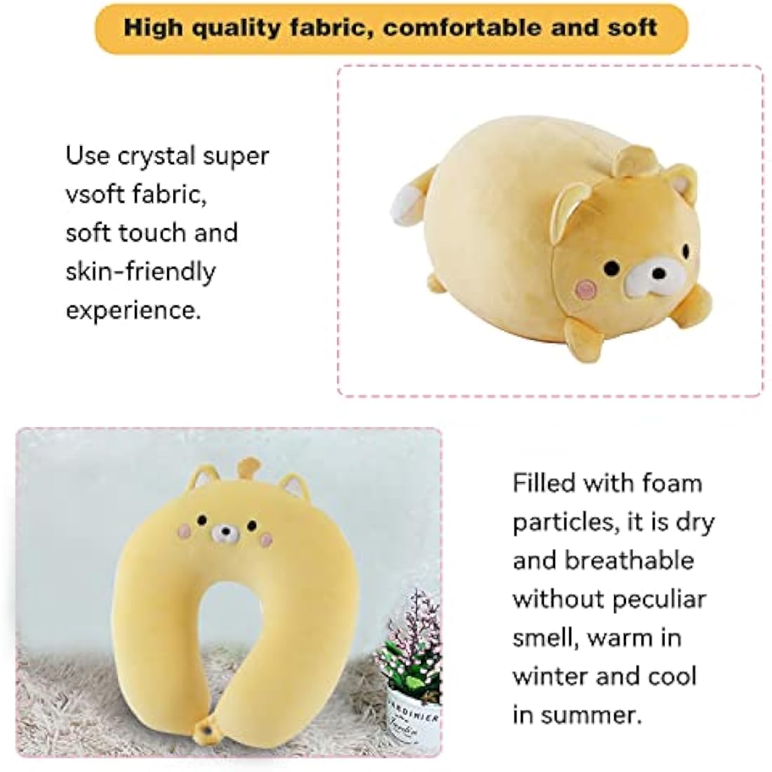 JOYRAVO Kids Travel Pillow - 2-in-1 Deformable Neck Pillow, Soft U-Shaped Pillow with Cute Plush Animals Comfy Sleep and Play Companion for Airplanes, Cars, and Travel - Yellow Bear