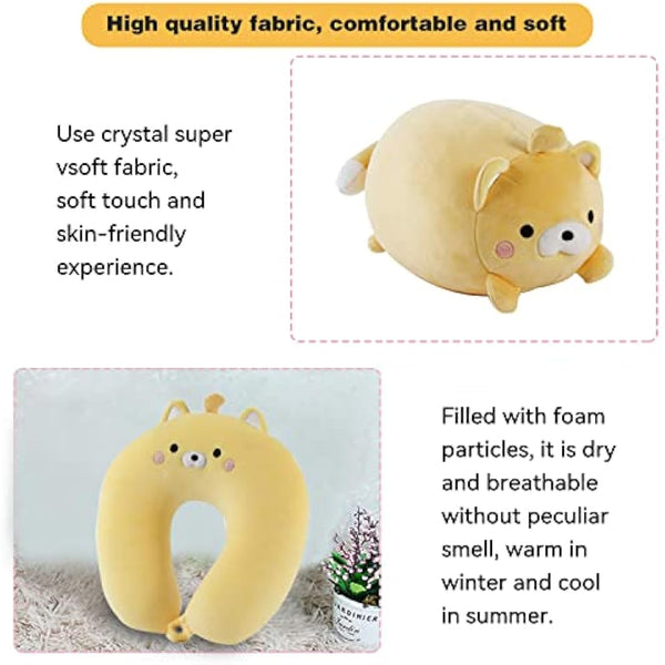 JOYRAVO Kids Travel Pillow - 2-in-1 Deformable Neck Pillow, Soft U-Shaped Pillow with Cute Plush Animals Comfy Sleep and Play Companion for Airplanes, Cars, and Travel - Yellow Bear