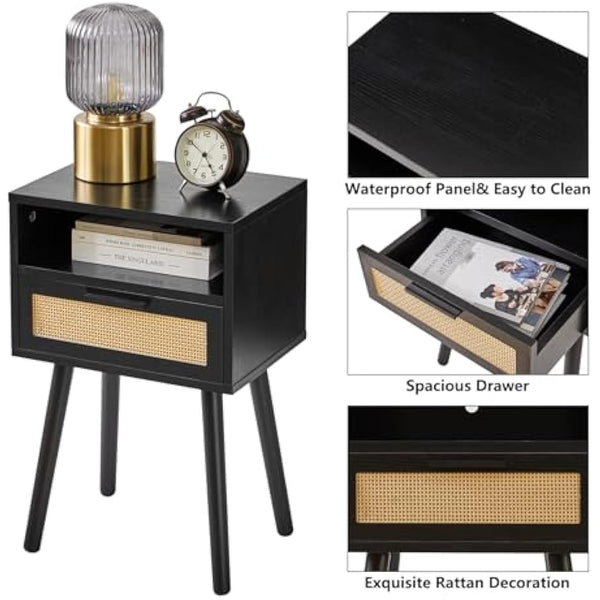 IBUYKE Rattan Nightstand, Boho Side Table with Drawer Open Shelf, Wood Accent Bedside Table, End Table with Legs for Bedroom, Living Room and Small Spaces, Black WNS009B