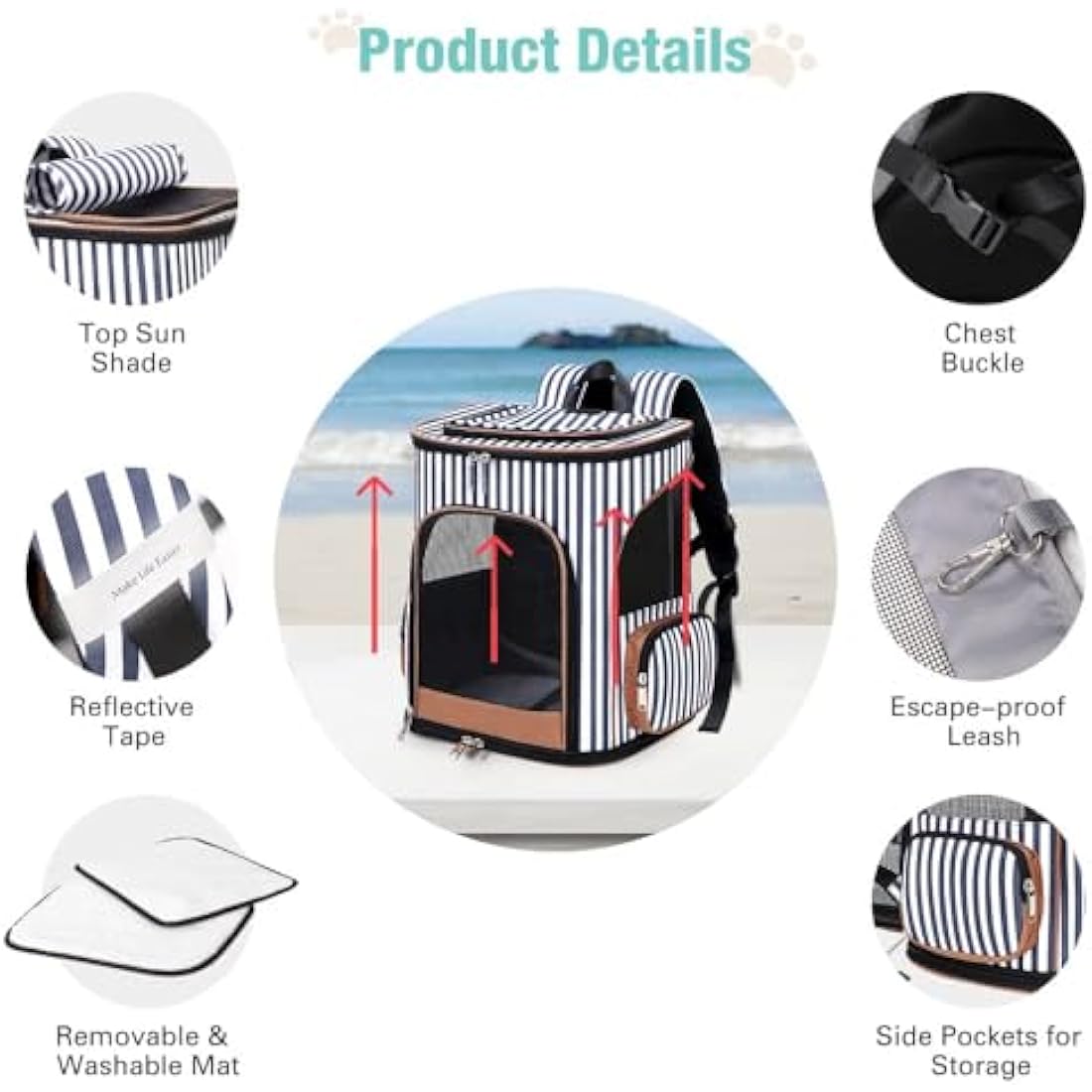Lekesky Expandable Cat Carrier Backpack - Portable Breathable Rucksack for Medium and Small Cats & Dogs, Foldable with Inner Escape-proof Leash and Pet Mat, Supports 20 lbs (Striped)