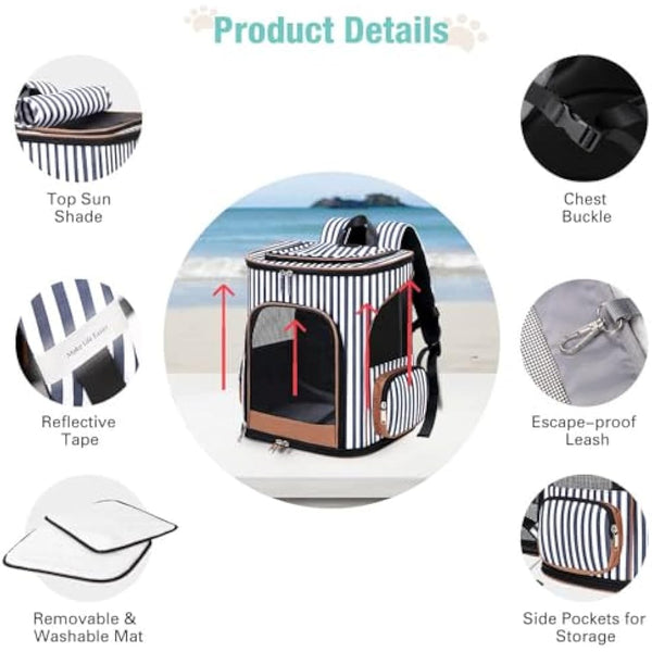 Lekesky Expandable Cat Carrier Backpack - Portable Breathable Rucksack for Medium and Small Cats & Dogs, Foldable with Inner Escape-proof Leash and Pet Mat, Supports 20 lbs (Striped)